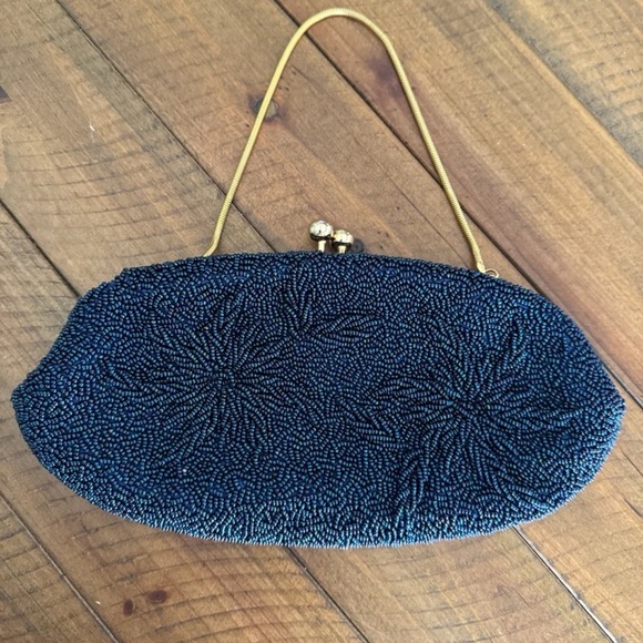 Vintage Blue beaded Floral design Gold chain Clutch Purse - Picture 6 of 12